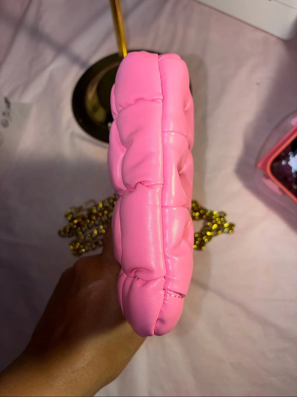 NWOT! Pink Quilted Wristlet Clutch with Gold Chain Strap